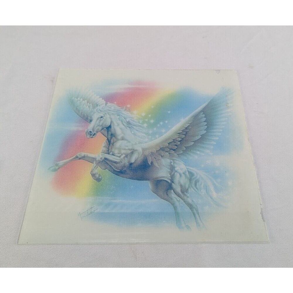 Vintage 1980's Framed Glass Unicorn Pegasus‎ Mirror Carnival Prize 12" Square